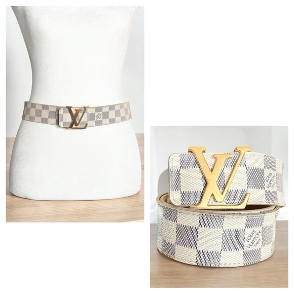 Authentic Louis Vuitton Damier Azur Leather & Gold Buckle Belt 80/32 - Picture 1 of 14